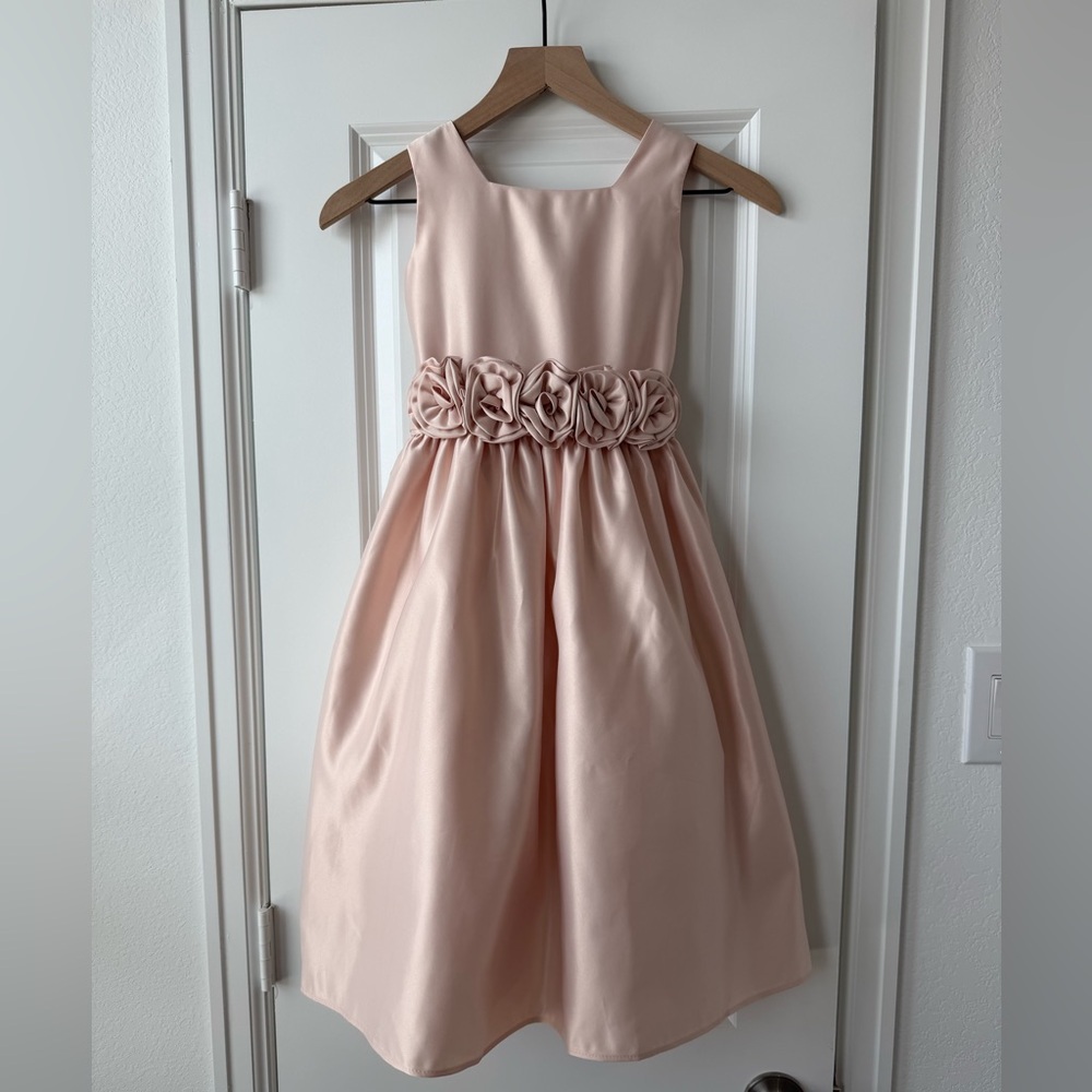Charming Blush Kids Dress with Rosette Waistband Flower Girl Easter